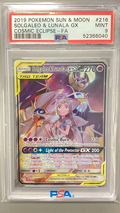2019 Pokemon Sun & Moon Cosmic Eclipse 216 Solgaleo & Lunala Gx PSA 9