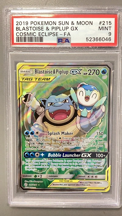 2019 Pokemon Sun & Moon Cosmic Eclipse 215 Blastoise & Piplup Gx PSA