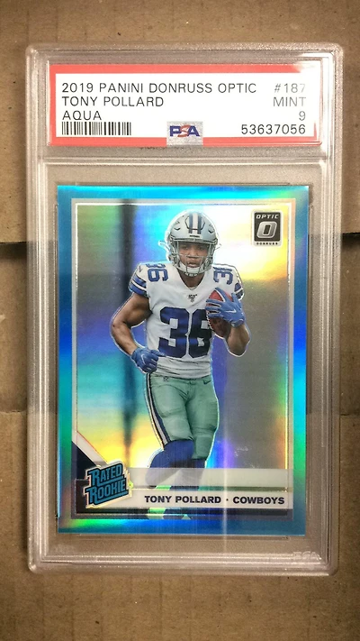 2019 Panini Donruss Optic 187 Tony Pollard Aqua PSA 9