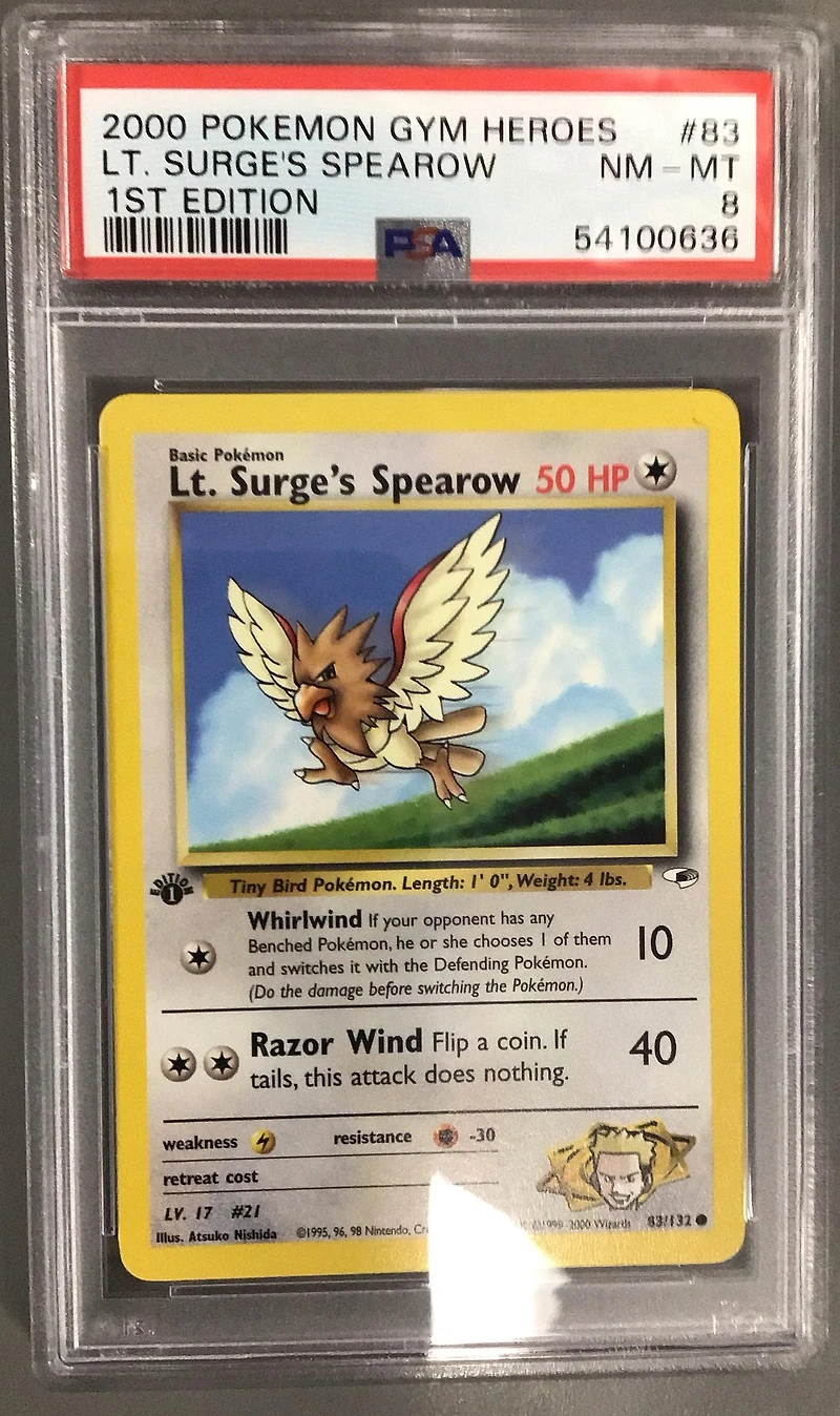 2000 Pokemon Gym Heroes 83 Lt. Surge's Spearow 1st Edition PSA 8
