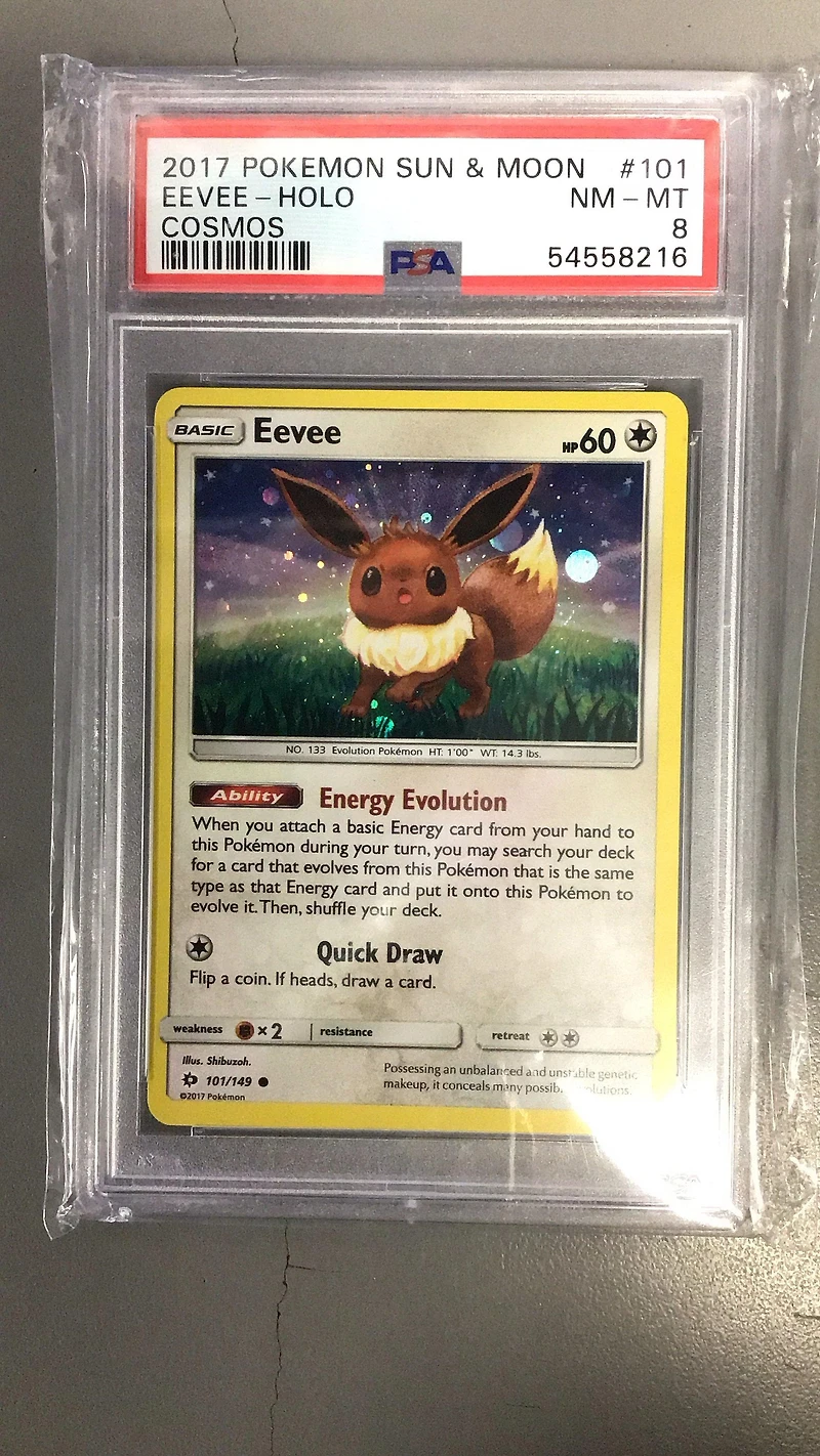 2017 Pokemon Sun & Moon 101 Eevee-holo Cosmos PSA 8