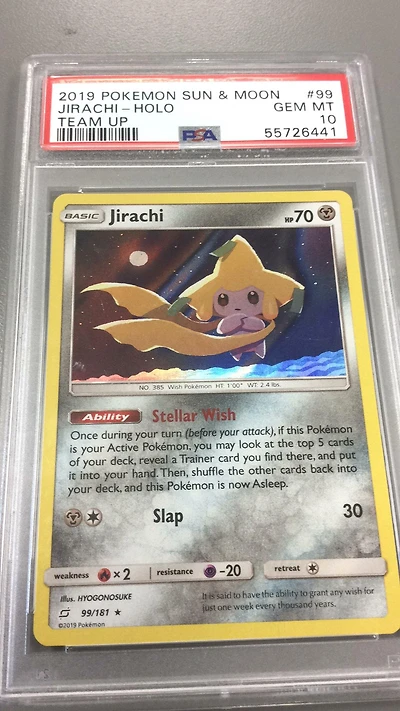 2019 Pokemon Sun & Moon Team Up 99 Jirachi-holo PSA 10