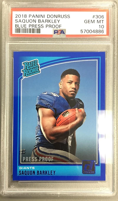 2018 Panini Donruss 306 Saquon Barkley Blue Press Proof PSA 10