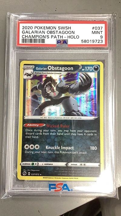 2020 Pokemon Sword & Shield Champion's Path 037 Galarian Obstagoon-holo PSA 9