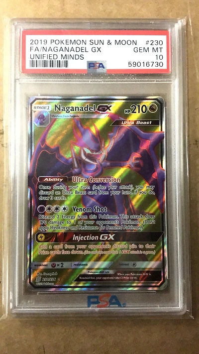 2019 Pokemon Sun & Moon Unified Minds 230 Full Art/naganadel Gx PSA 10