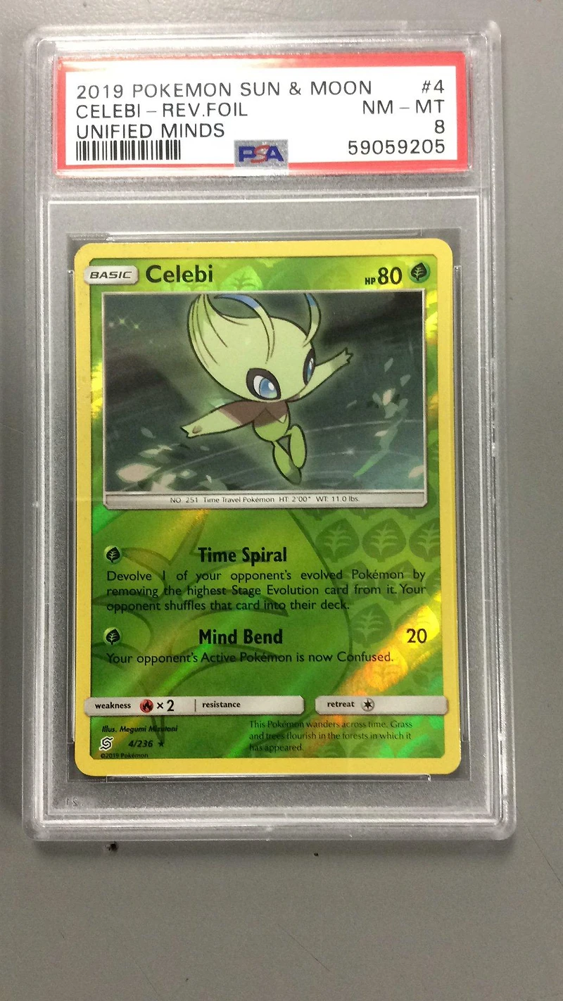 2019 Pokemon Sun & Moon Unified Minds 4 Celebi-reverse Foil PSA 8