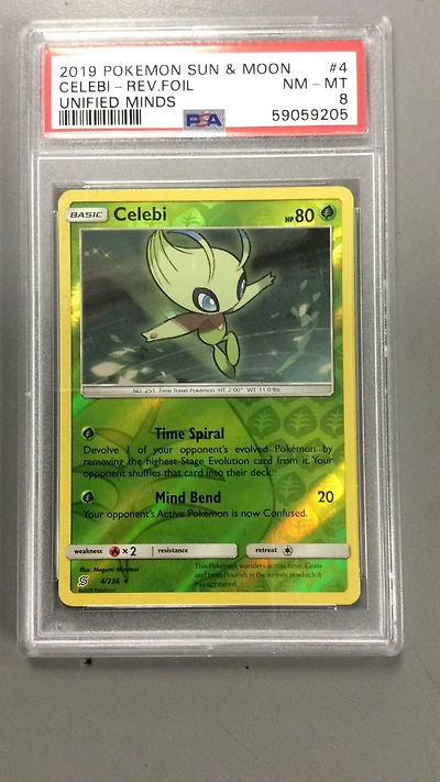 2019 Pokemon Sun & Moon Unified Minds 4 Celebi-reverse Foil PSA 8
