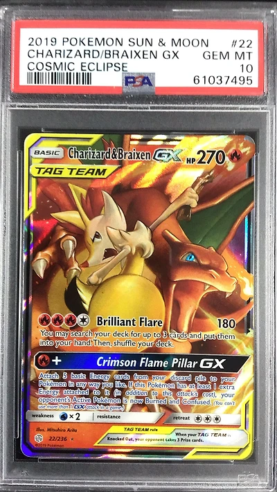 2019 Pokemon Sun & Moon Cosmic Eclipse 22 Charizard & Braixen Gx PSA 10