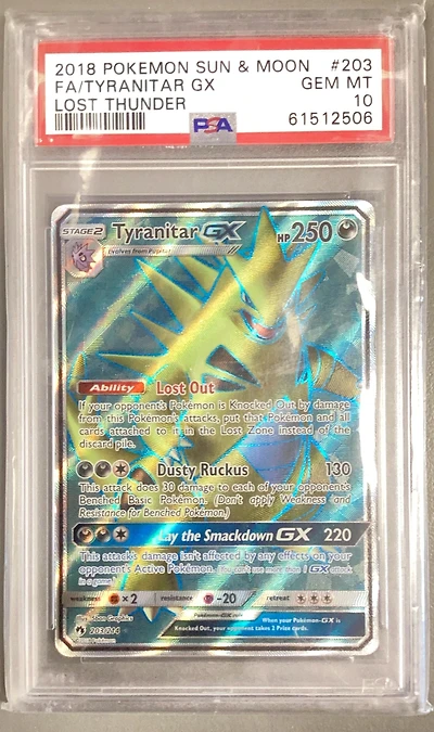 2018 Pokemon Sun & Moon Lost Thunder 203 Full Art/tyranitar Gx PSA