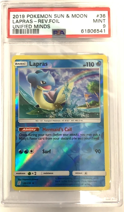 2019 Pokemon Sun & Moon Unified Minds 36 Lapras-reverse Foil PSA 9