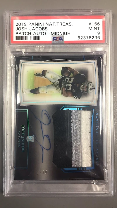 2019 Panini National Treasures 166 Josh Jacobs Patch Autograph-midnight PSA 9