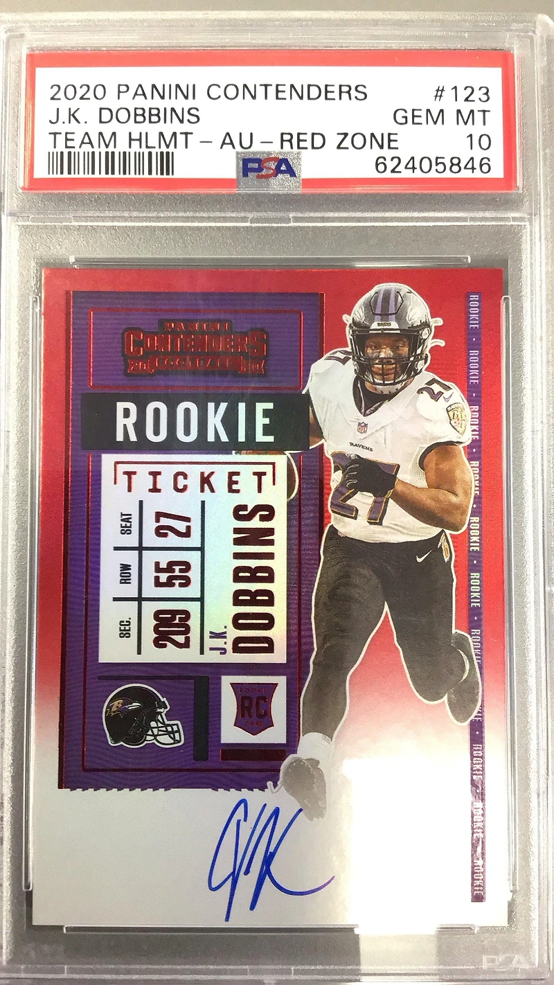 2020 Panini Contenders 123 J.k. Dobbins Team Helmet-autograph-red Zone PSA 10