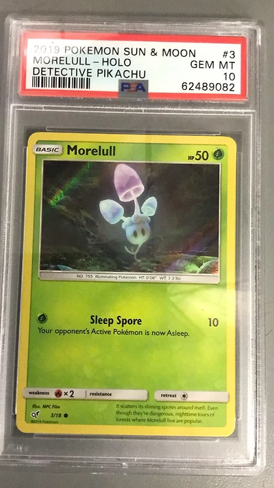 2019 Pokemon Sun & Moon Detective Pikachu 3 Morelull-holo PSA 10