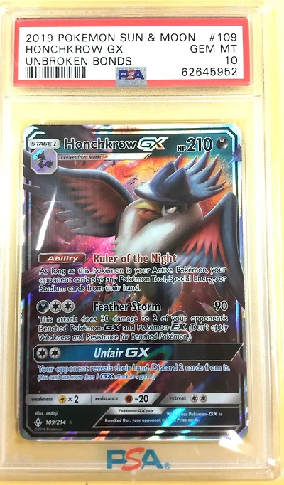 2019 Pokemon Sun & Moon Unbroken Bonds 109 Honchkrow Gx PSA 10