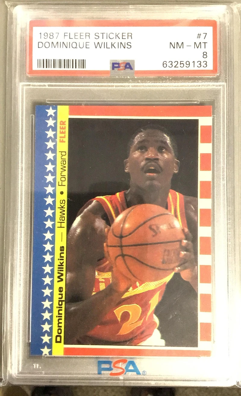 1987 Fleer Sticker 7 Dominique Wilkins PSA 8