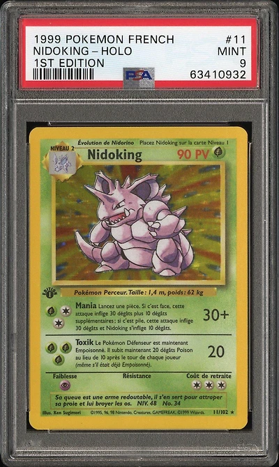 1999 Pokemon French 11 Nidoking-holo 1st Edition PSA 9