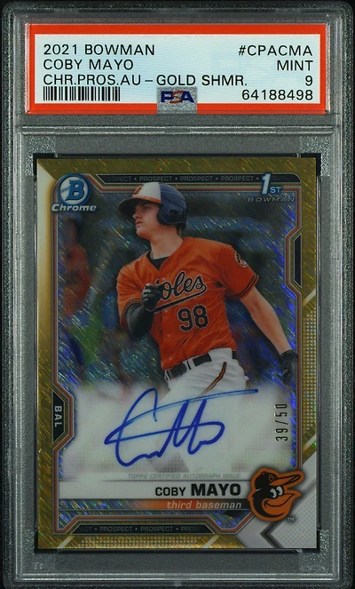 2021 Bowman Chrome Prospect Autographs Cpacma Coby Mayo Gold Shimmer Refractor PSA 9