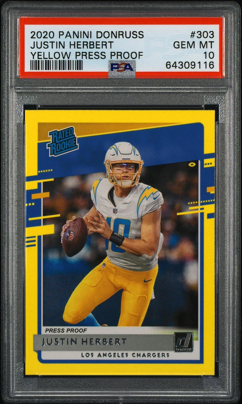 2020 Panini Donruss 303 Justin Herbert Yellow Press Proof PSA 10