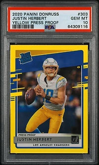 2020 Panini Donruss 303 Justin Herbert Yellow Press Proof PSA 10