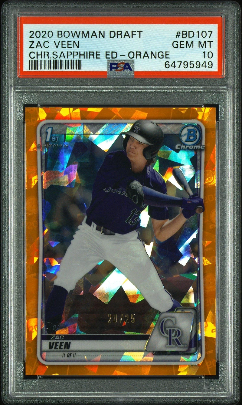 2020 Bowman Draft Chrome Sapphire Edition Bd107 Zac Veen Orange PSA 10