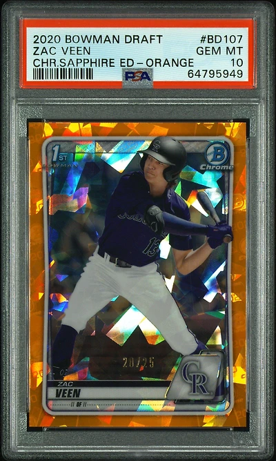 2020 Bowman Draft Chrome Sapphire Edition Bd107 Zac Veen Orange PSA 10