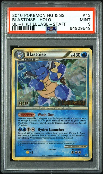 2010 Pokemon Heartgold & Soulsilver Unleashed 13 Blastoise-holo Prerelease-staff PSA 9