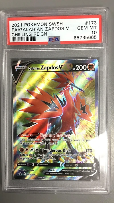 2021 Pokemon Sword & Shield Chilling Reign 173 Full Art/galarian Zapdos V PSA 10