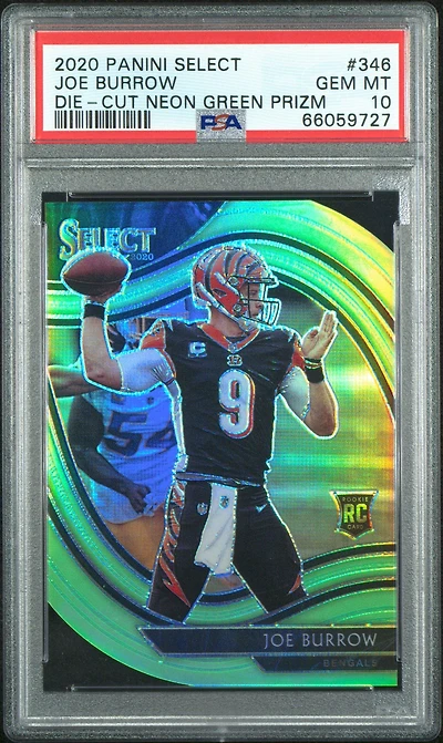 2020 Panini Select 346 Joe Burrow Die-cut Neon Green Prizm PSA 10