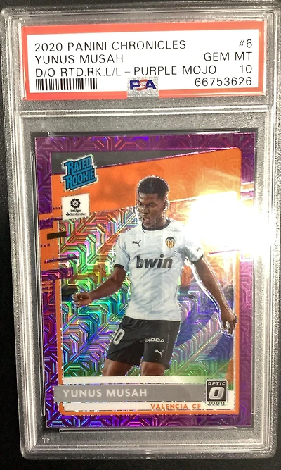 2020 Panini Chronicles Donruss Optic Rated Rookies La Liga 6 Yunus Musah Purple Mojo PSA 10
