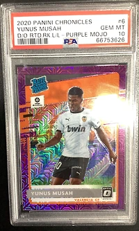 2020 Panini Chronicles Donruss Optic Rated Rookies La Liga 6 Yunus Musah Purple Mojo PSA 10