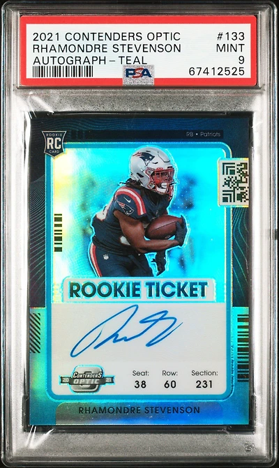 2021 Panini Contenders Optic 133 Rhamondre Stevenson Autograph-teal PSA 9