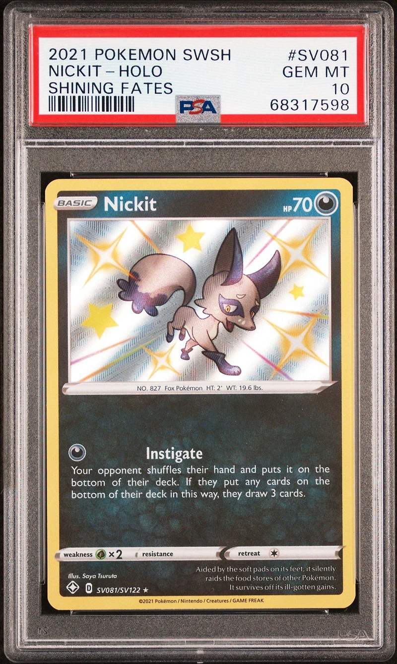 2021 Pokemon Sword & Shield Shining Fates Sv081 Nickit-holo PSA 10