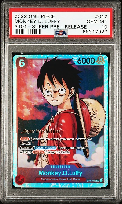 2022 One Piece Starter Deck-straw Hat Crew Monkey D. Luffy Super Pre-release PSA 10
