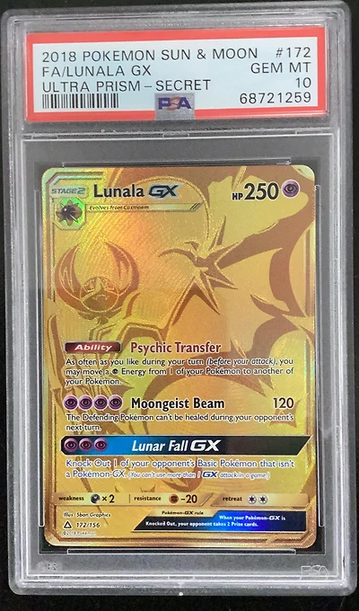 2018 Pokemon Sun & Moon Ultra Prism 172 Full Art/lunala Gx Secret PSA