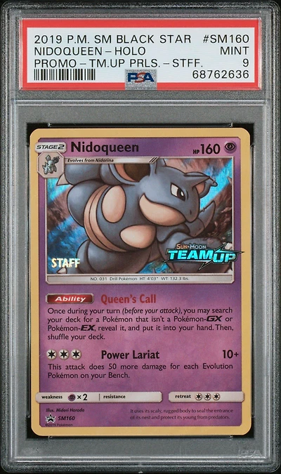 2019 Pokemon Sm Black Star Promo Sm160 Nidoqueen-holo Team Up Prerelease-staff PSA 9