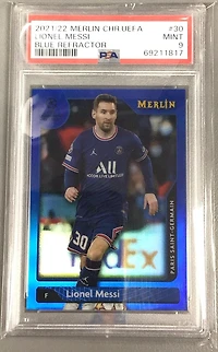2021-2022 Topps Merlin Chrome Uefa League 30 Lionel Messi Blue Refractor PSA 9