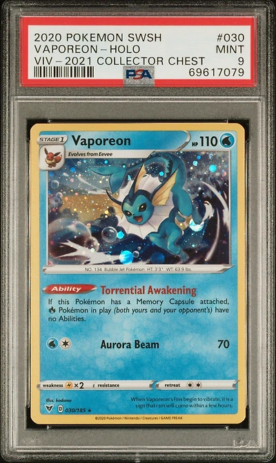 2020 Pokemon Sword & Shield Vivid Voltage 030 Vaporeon-holo 2021 Collector Chest PSA 9