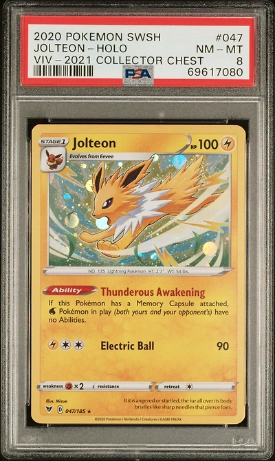 2020 Pokemon Sword & Shield Vivid Voltage 047 Jolteon-holo 2021 Collector Chest PSA
