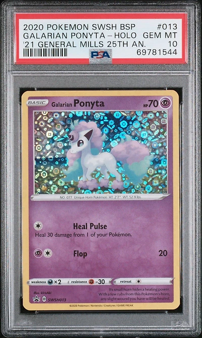 2020 Pokemon Swsh Black Star Promo 013 Galarian Ponyta-holo 2021 General Mills 25th Anniversary PSA 10