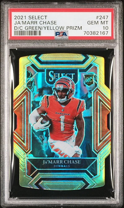 2021 Panini Select 247 Ja'marr Chase Die-cut Green/yellow Prizm PSA 10
