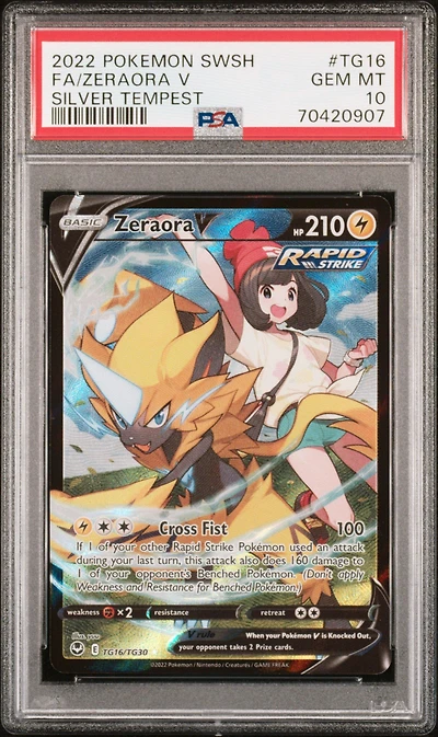 2022 Pokemon Sword & Shield Silver Tempest Tg16 Full Art/zeraora V PSA