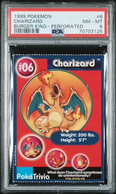 1999 Pokemon Burger King 6 Charizard Perforated PSA 8