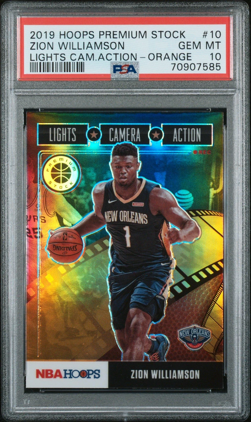 2019 Panini Hoops Premium Stock Lights Camera Action 10 Zion Williamson Orange PSA 10