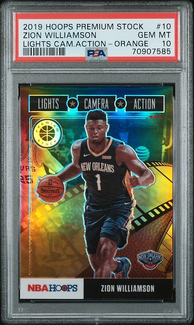 2019 Panini Hoops Premium Stock Lights Camera Action 10 Zion Williamson Orange PSA 10