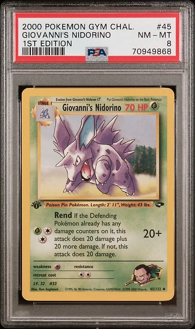 2000 Pokemon Gym Challenge 45 Giovanni's Nidorino 1st Edition PSA 8