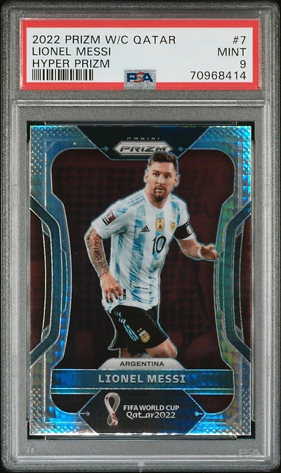 2022 Panini Prizm World Cup Qatar 7 Lionel Messi Hyper Prizm PSA 9