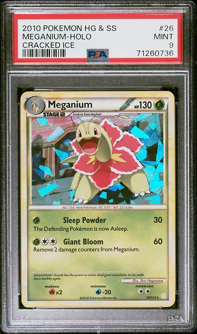 2010 Pokemon Heartgold & Soulsilver 26 Meganium-holo Cracked Ice PSA 9