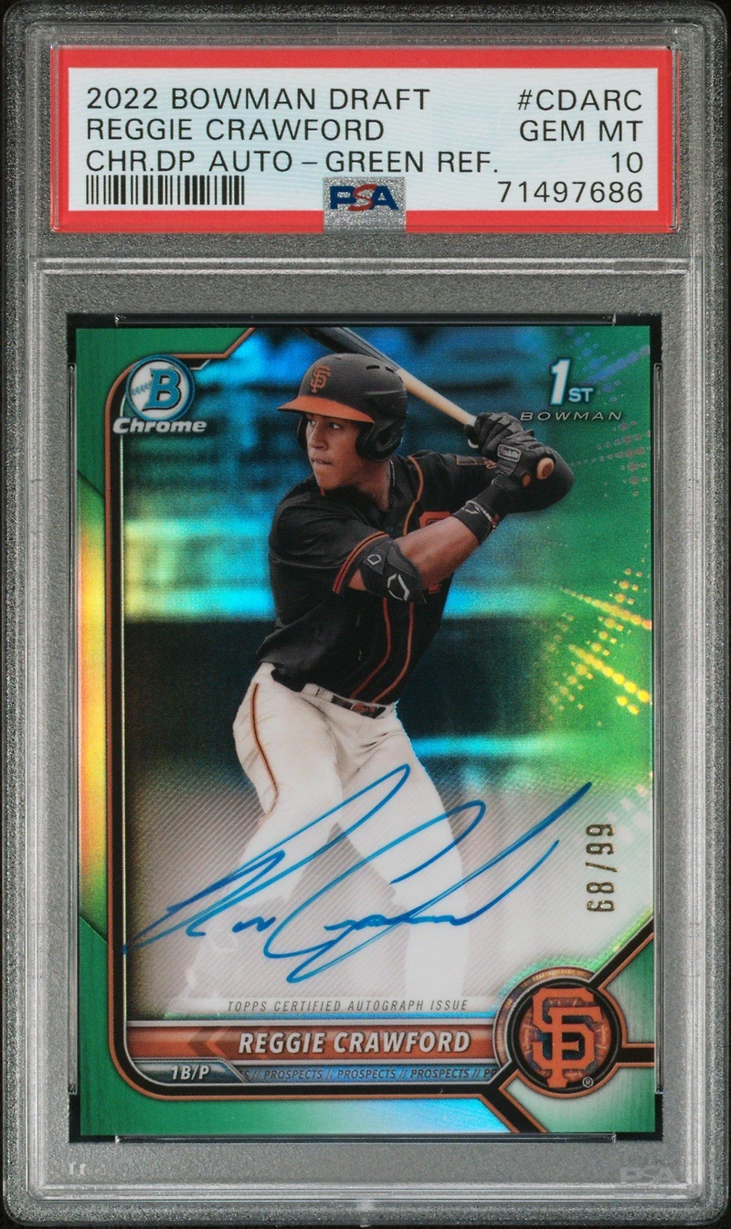 2022 Bowman Draft Chrome Draft Pick Autographs Cdarc Reggie Crawford Green Refractor PSA 10