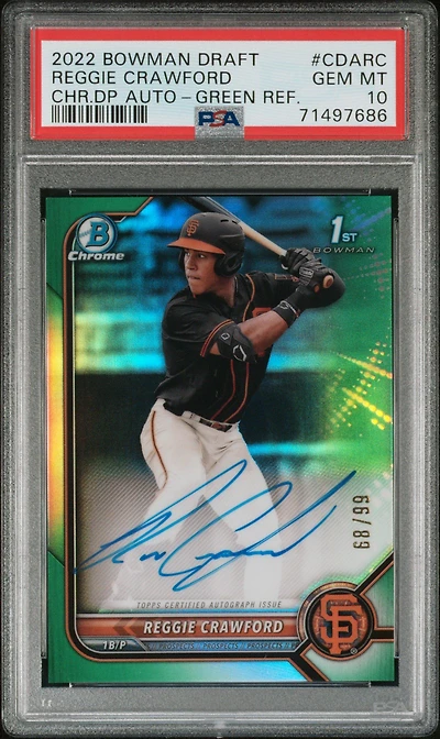 2022 Bowman Draft Chrome Draft Pick Autographs Cdarc Reggie Crawford Green Refractor PSA 10