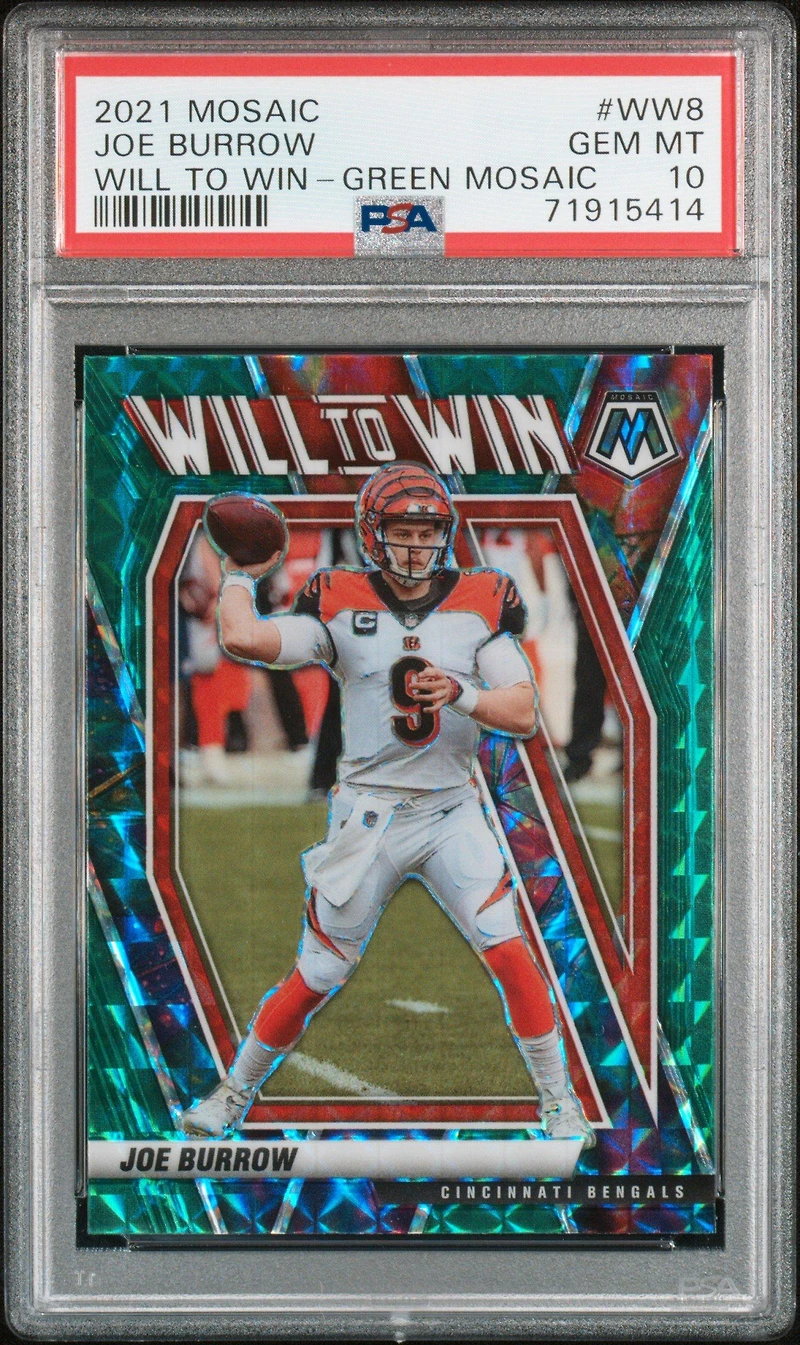 2021 Panini Mosaic Will To Win Ww8 Joe Burrow Green Mosaic PSA 10